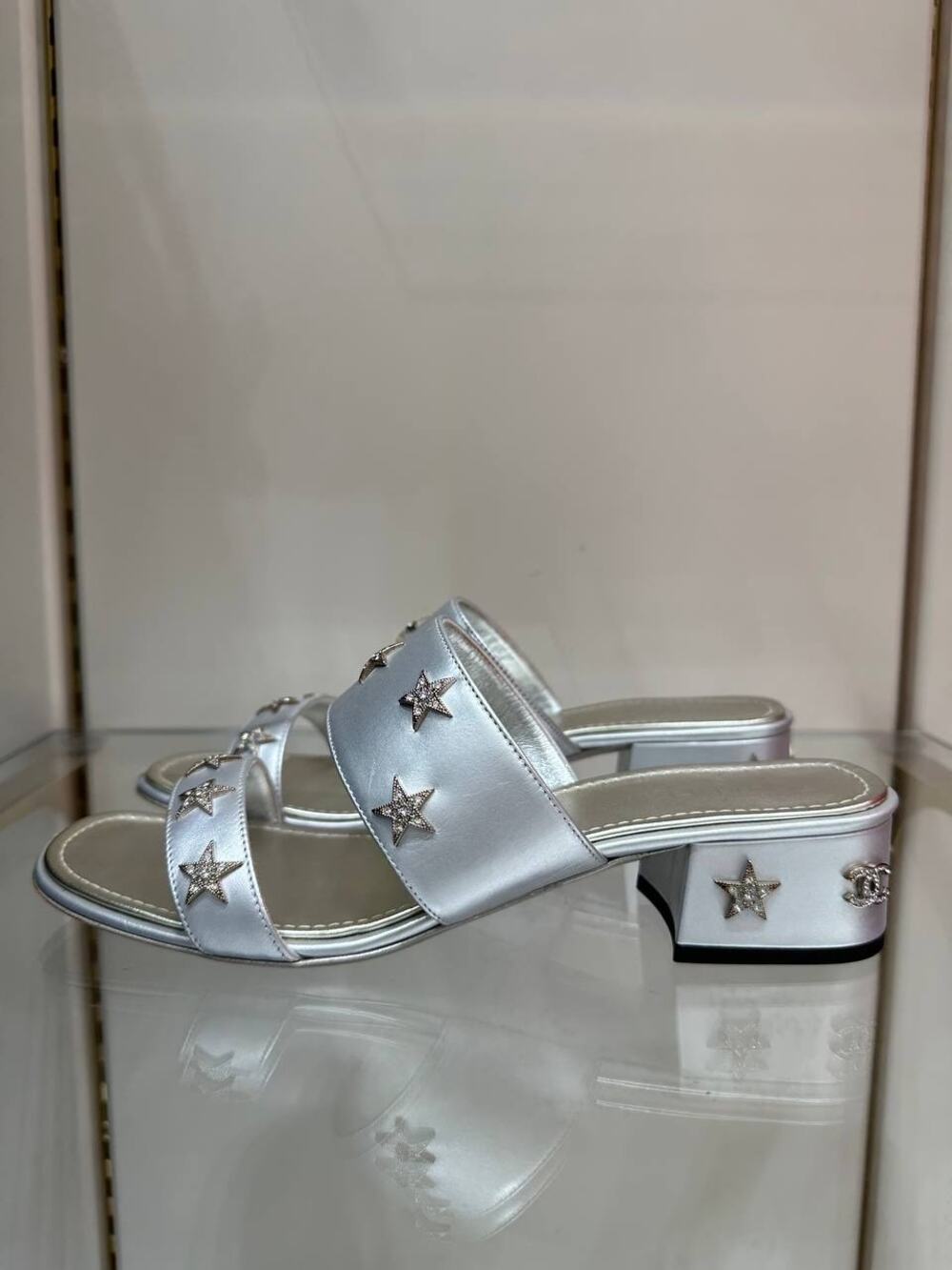 Chanel Silver Leather Star Crystal Mule Sandals EU 39